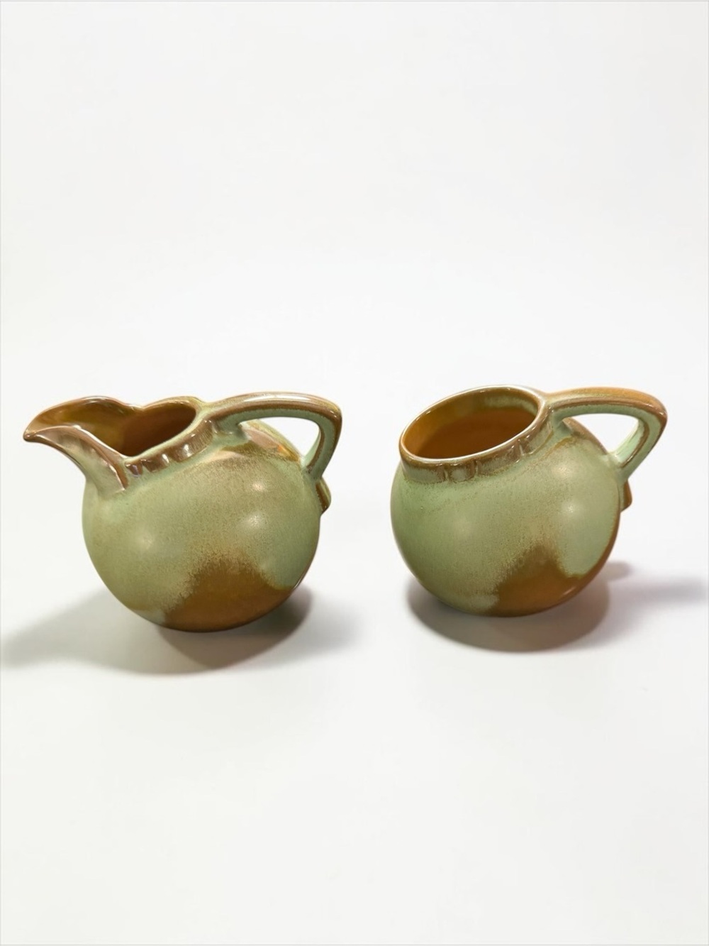 Vintage Francoma Pottery Cream and Sugar Set 87 Round Globe Art Deco Green